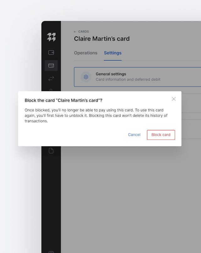 Image showcasing the ability to block a given payment card.